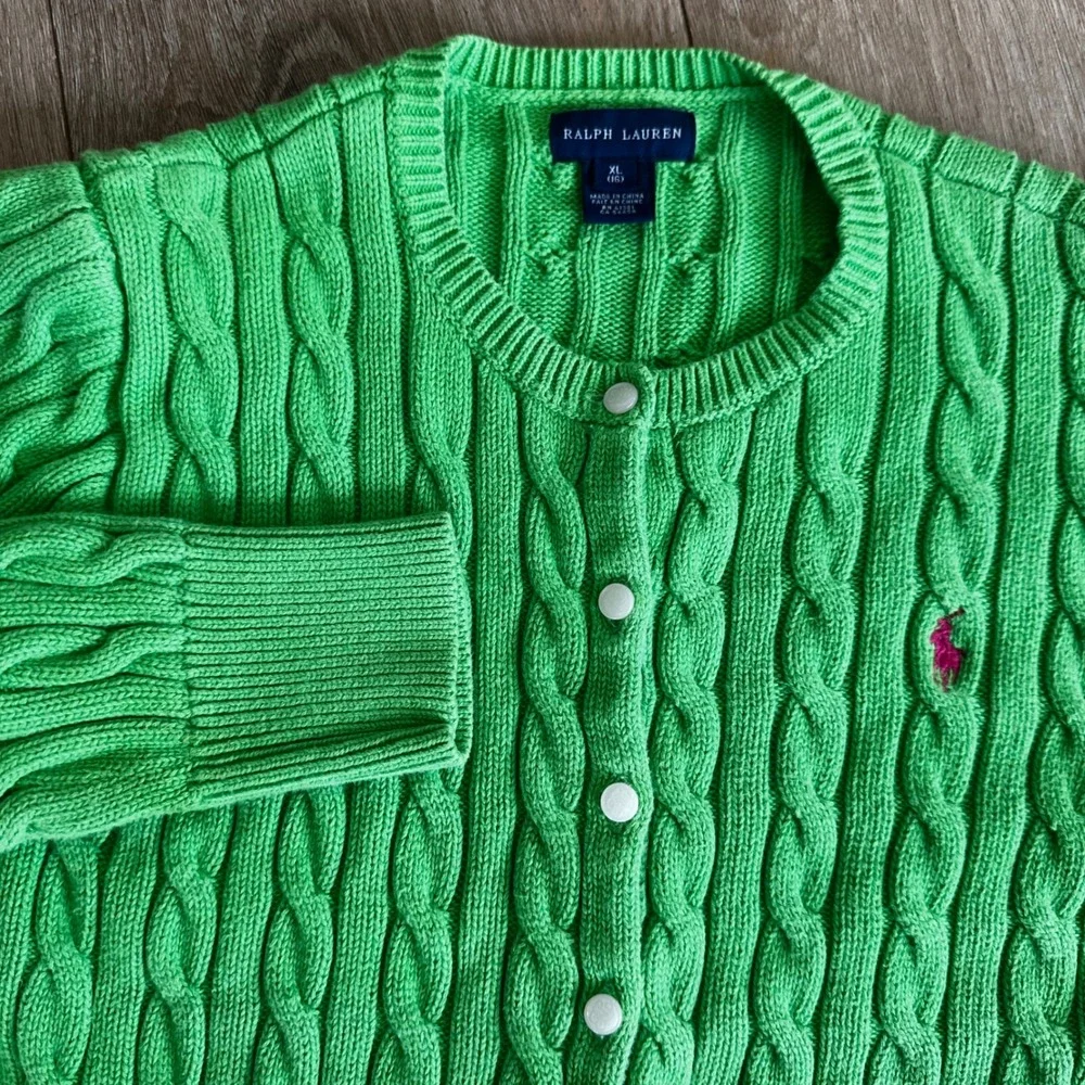 Ralph Lauren Girls XL 16 Green Cable Knit Peplum Cardigan Pink Pony Sweater